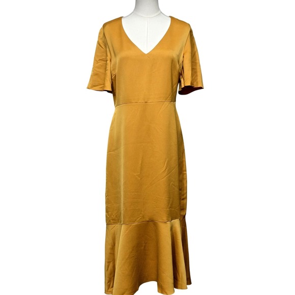 Banana Republic Dresses & Skirts - Banana Republic Dress Womens 6 Gold Yellow‎ Midi Ruffle Hem V Neck Short Sleeve